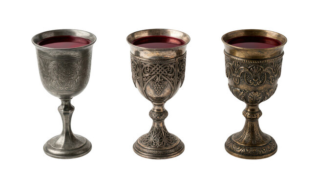 Three ornate vintage metal goblets filled with red wine isolated on transparent background
