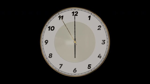 時計の針が5時59分50秒から6時00分10秒まで進む3DCG