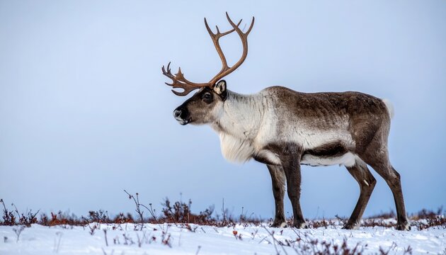 Majestic reindeer standing gracefully with impressive antlers and thick fur, Arctic wildlife