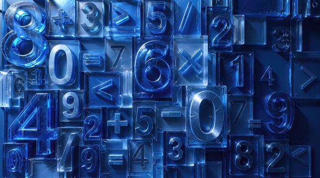 Blue Acrylic Numbers and Mathematical Symbols in a Layered 3D Background