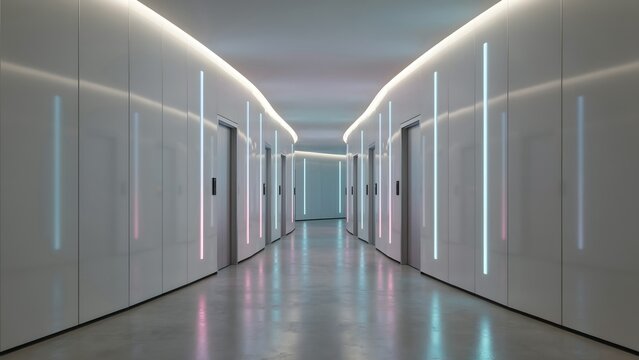 Modern futuristic corridor with glowing neon lights and sleek white walls