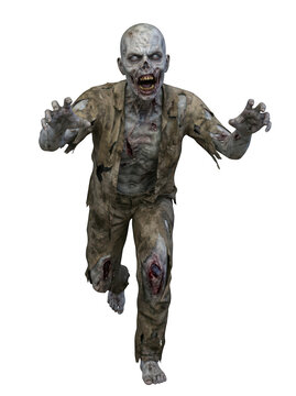 Frightening aggressive zombie walking forward isolated on transparent background