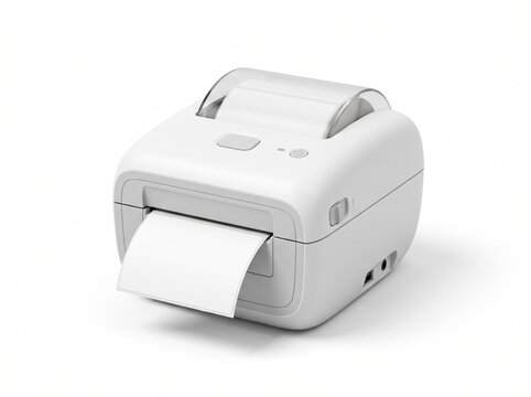 Compact white thermal label printer printing blank paper roll isolated on white background