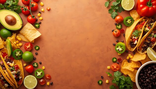 Mexican taco and tortilla chips background with fresh salsa ingredients.