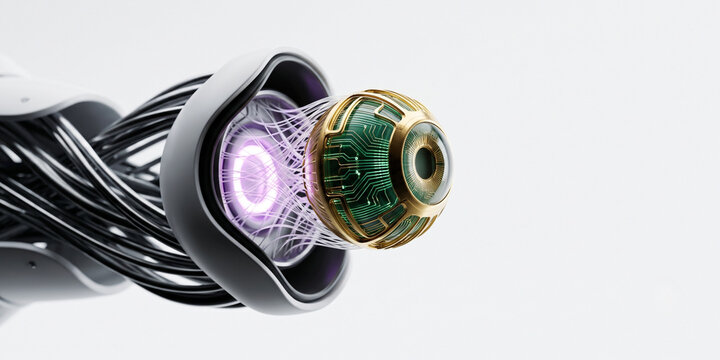 3D synthetic human retina with green circuits connected to nano filaments, bionic eye technology and neural interface concept