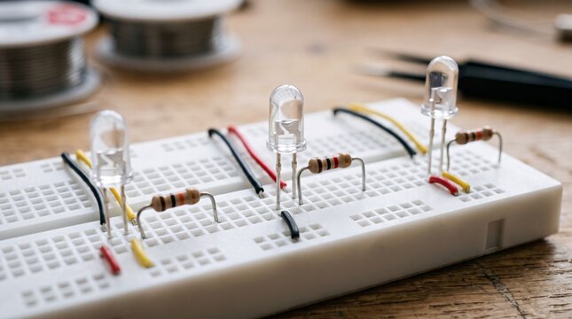 Prototyping circuit design with led lights and electrical resistors on white breadboard.