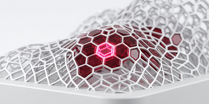 Cybersecurity scanner mesh with red glass data nodes activated by laser light, network vulnerability scanning, cyber attack detection, data protection