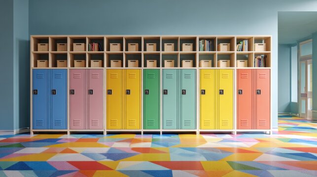 Colorful lockers in a school hallway
