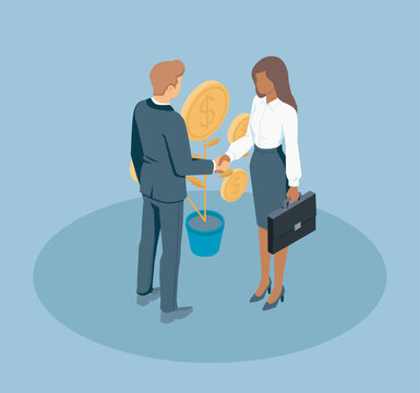 Business partners shaking hands with dollar coin plant symbolizing investment, agreement, profit and financial growth, vector illustration