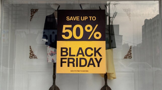 A Black Friday promotional poster in a clothing boutique shop window, advertising a 50 percent discount on fashion items during the seasonal shopping event.