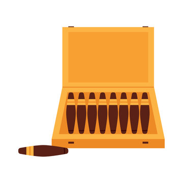 Open wooden cigar box with cigars in Victorian style, isolated on white background vector illustration