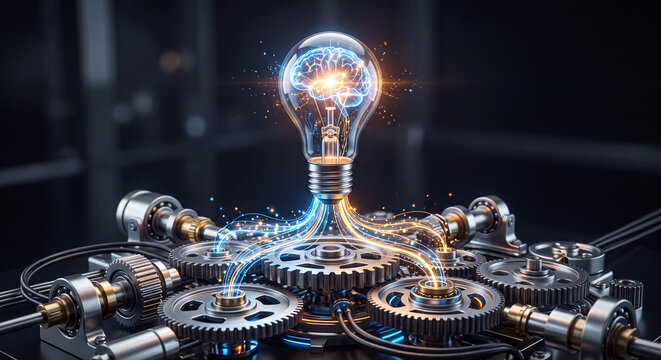 AI Innovation Engine with Brain Light Bulb and Precision Gear Automation