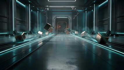 Obraz premium Futuristic corridor with floating cubes and neon lighting for sci-fi theme