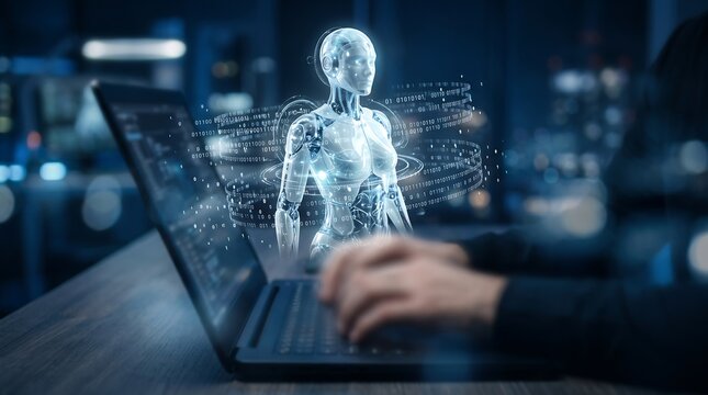 Futuristic humanoid robot hologram displaying binary code data streams above laptop keyboard representing advanced digital computing and machine learning research environment