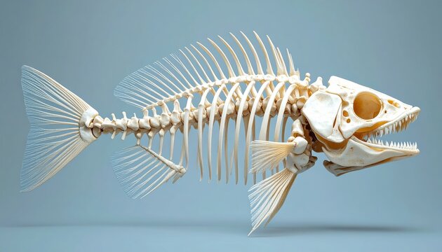 Fish skeleton with visible teeth and detailed spine, marine anatomy and biology study