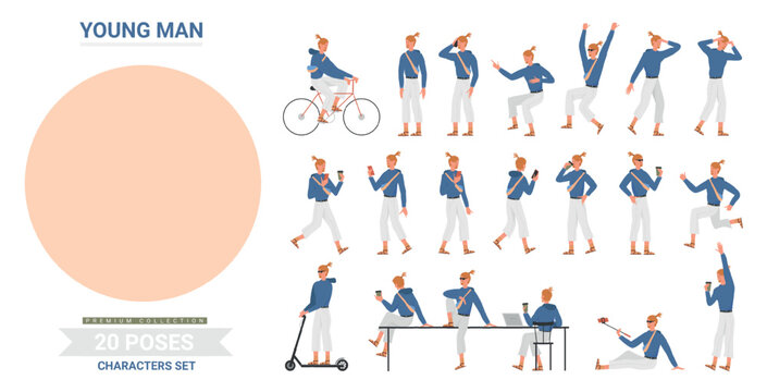 Young man poses infographic vector illustration set. Cartoon flat bearded hipster character standing, walking with smartphone and coffee cup, riding bike bicycle or scooter postures isolated on white