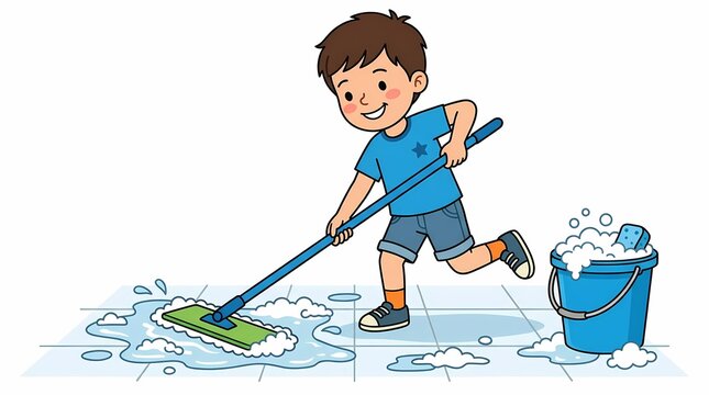 A young boy cheerfully cleans a tiled floor with a mop and soapy bucket cleaning child