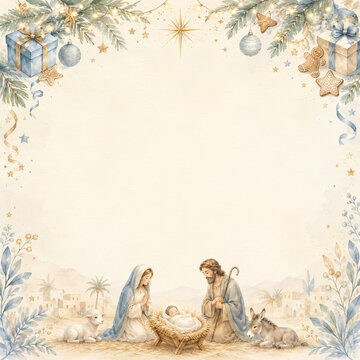 Watercolor Christmas card with nativity scene star and frame with gifts pine branches and ornaments