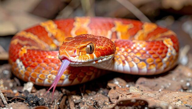 Corn snake with red and orange patterned scales crawling with tongue extended for reptile education