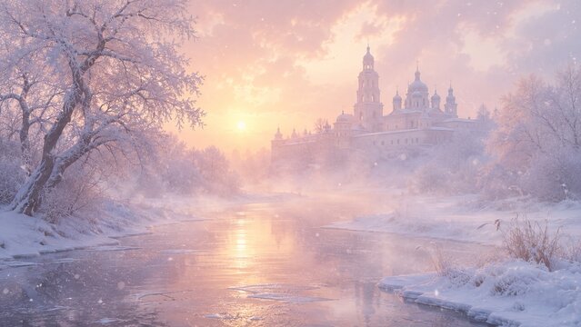 Winter landscape with snowy cathedral on bank of frozen river during sunrise