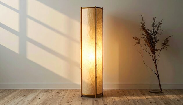 Cylindrical paper floor lamp with bamboo frame and parchment shade creating soft diffused sustainable lighting