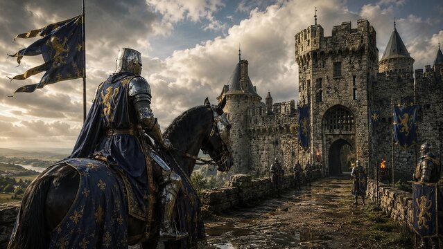 Medieval knight in armor on horse before stone castle with flags under cloudy sky