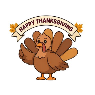 Happy Thanksgiving Cartoon Turkey with Autumn Leaves