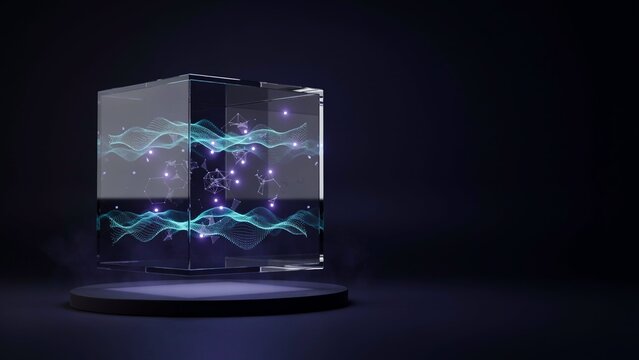 Futuristic Glass Cube With Digital Wave Interface