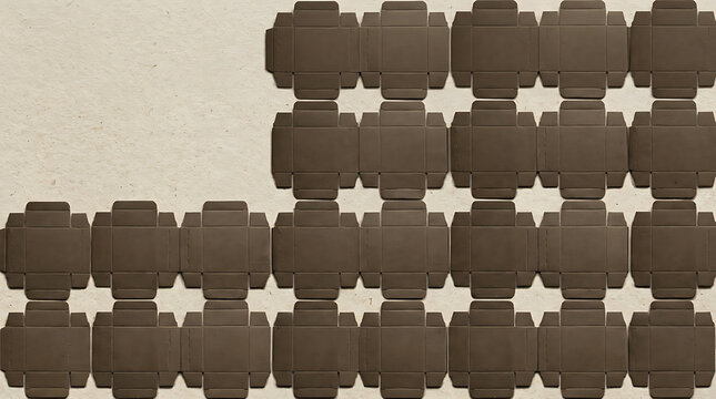 Overhead flat lay of collapsed flat-pack cardboard boxes arranged in a geometric repeating pattern on textured paper.