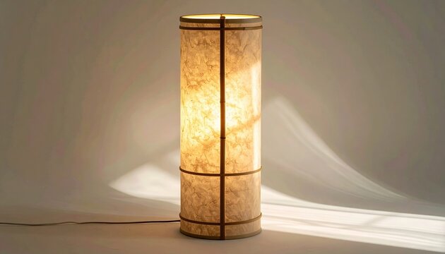 Cylindrical paper floor lamp with bamboo frame and parchment shade creating soft diffused sustainable lighting