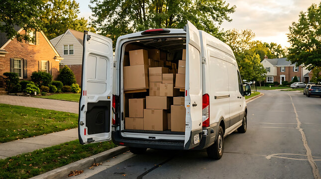 White cargo delivery van with open rear doors parked on a suburban street, full of cardboard packages.