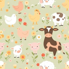 Naklejka premium A whimsical illustration featuring various farm animals, including cows, sheep, and chickens, set against a soft pastel floral background. Perfect for children's themes.