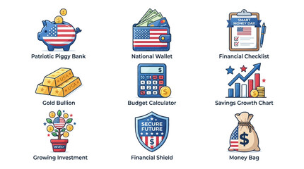 Fototapeta premium Set of financial and investment icons featuring piggy bank, wallet, gold bullion, and growth chart elements