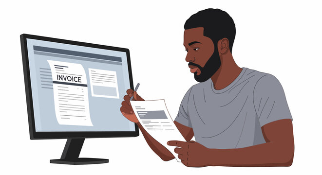 African American Contractor Reading PDF Invoice on Monitor