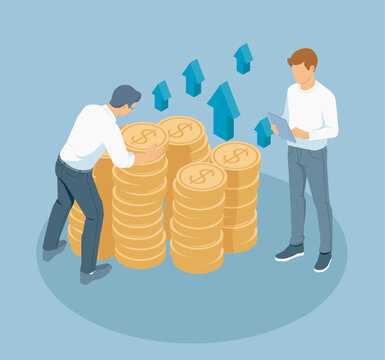 Business people working with stacks of dollar coins and upward arrows symbolizing profit and financial growth, vector illustration