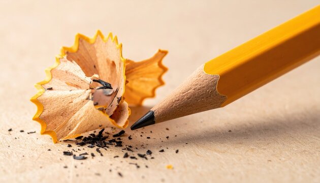 Sharpened wooden pencil with graphite tip and curled wood shavings, creative stationery concept