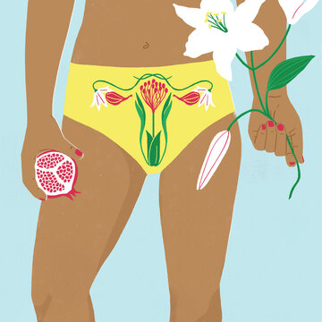 Female health. A woman is shown in underwear with florals and fruit representing her reproductive organs. Healthy uterus. 