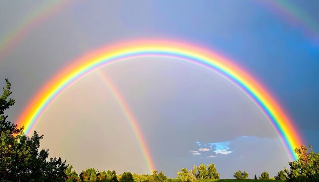 Double rainbow with vivid colorful arcs, natural light refraction and atmospheric optical phenomenon