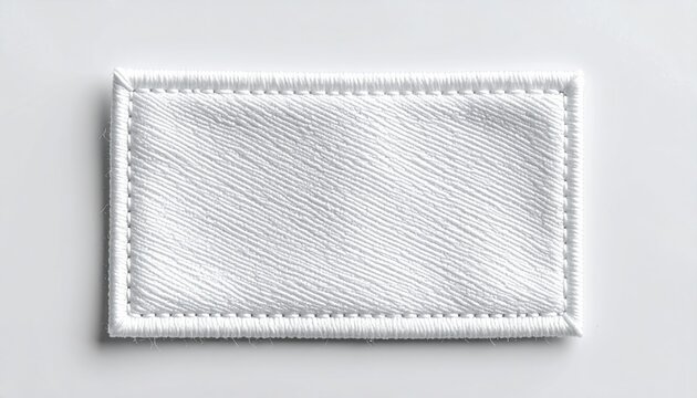 Blank white rectangular fabric patch with stitched borders for garment labeling, textile branding, and apparel design