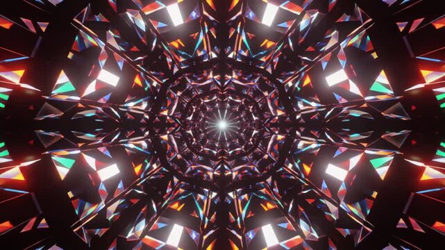 光り輝くクリスタルとダイヤモンドの幾何学模様が織りなす幻想的な万華鏡トンネル