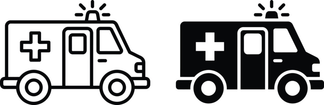 Set of two ambulance vehicle icons with emergency lights in outline and solid black styles