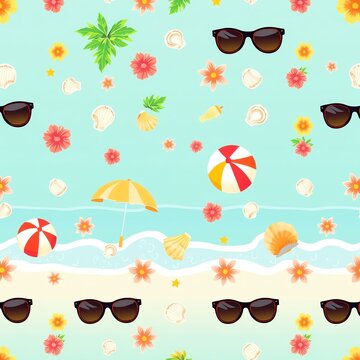 Vibrant summer-themed pattern featuring sunglasses, umbrellas, beach balls, and seashells on a calming blue background, capturing the essence of a fun beach day.