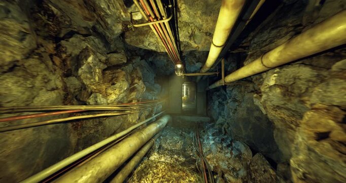 Deep underground mine shaft tunnel, drone inspection mapping rusted pipes and ladder along damp rock walls under dim greenish light, distant daylight visible