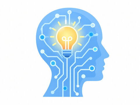 Sztuczna inteligencja i kreatywne myślenie, profil ludzkiej głowy z obwodami scalonymi i świecącą żar&oacute;wką, ilustracja flat design.

