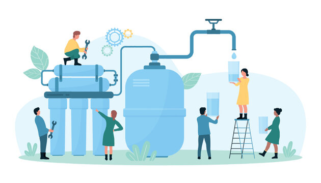 Water purification service vector illustration. Cartoon tiny people repair system of filters, tanks and pipes for filtration and water treatment, pouring purified drinking liquid from tap into glass