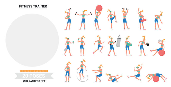 Fitness trainer woman gym workout poses infographic vector illustration set. Cartoon flat female coach instructor character doing gymnastics, sport exercises with kettlebell, dumbbell