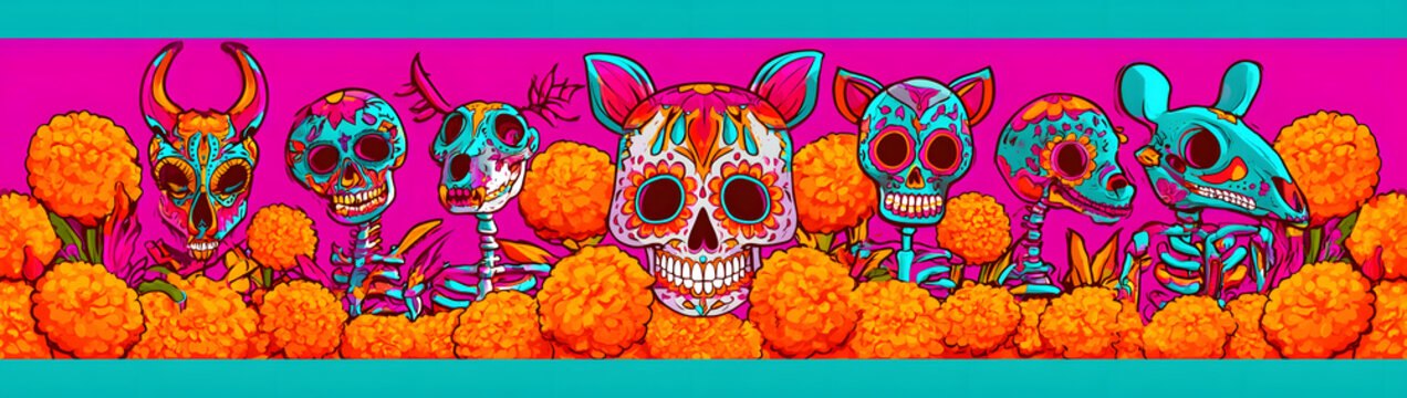 Day of the dead, Dia de los muertos, animals skulls and skeleton decorated with colorful Mexican elements and flowers. Fiesta, Halloween, holiday poster, party flyer. Vector illustration