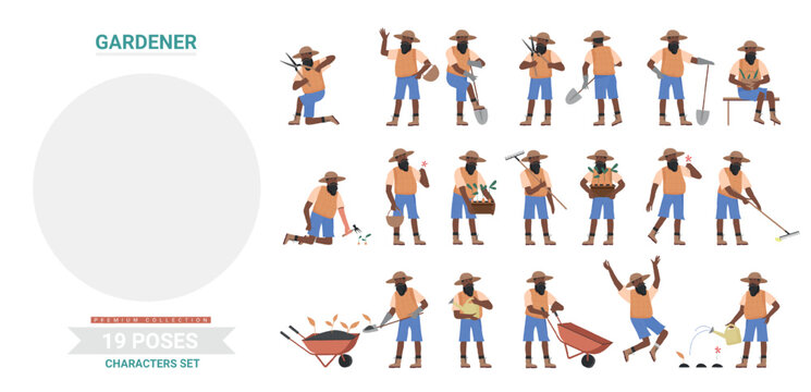 African black gardener working poses infographic vector illustration set. Cartoon flat elderly bearded man worker farmer character planting and harvesting different postures, farm garden work isolated