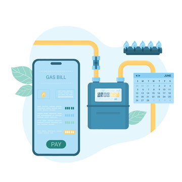 Monthly gas payment online vector illustration. Cartoon isolated mobile phone with app for paying utility bills for gas, meter with readings and stove burner, calendar for month with date to pay
