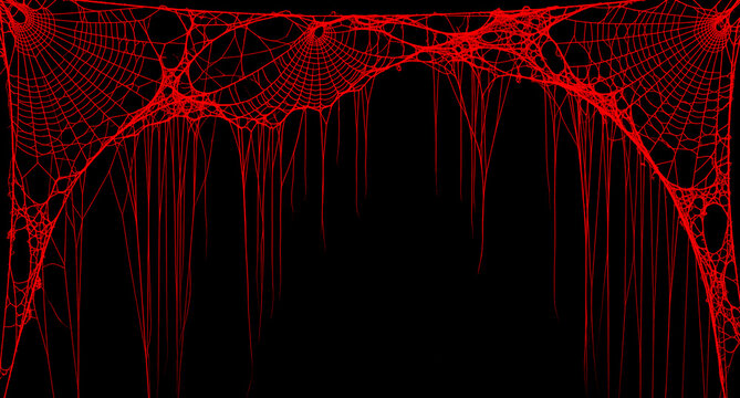 Spooky red spider web border design with intricate cobweb patterns and dripping strands, perfect for halloween decorations, horror themes, or gothic backgrounds